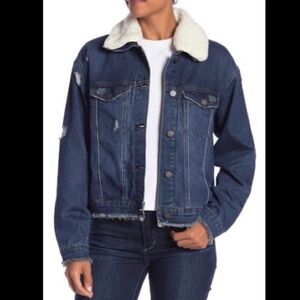 DIY Mushroom Patch Trucker Jacket/Tractr Faux Shearling Collar Denim Jacket, EUC
